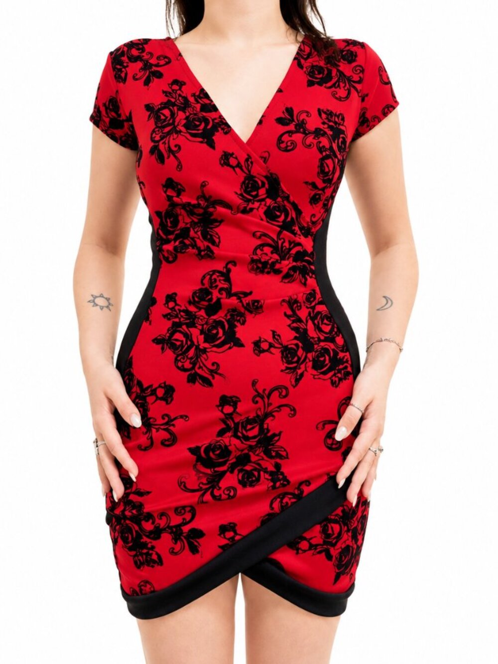 Flattering Red And Black Wrap Style Dress